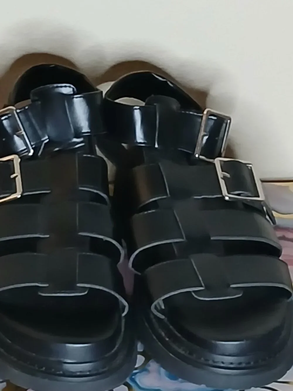 Chunky Black Strappy Gladiator Fisherman Sandals Silver Buckle